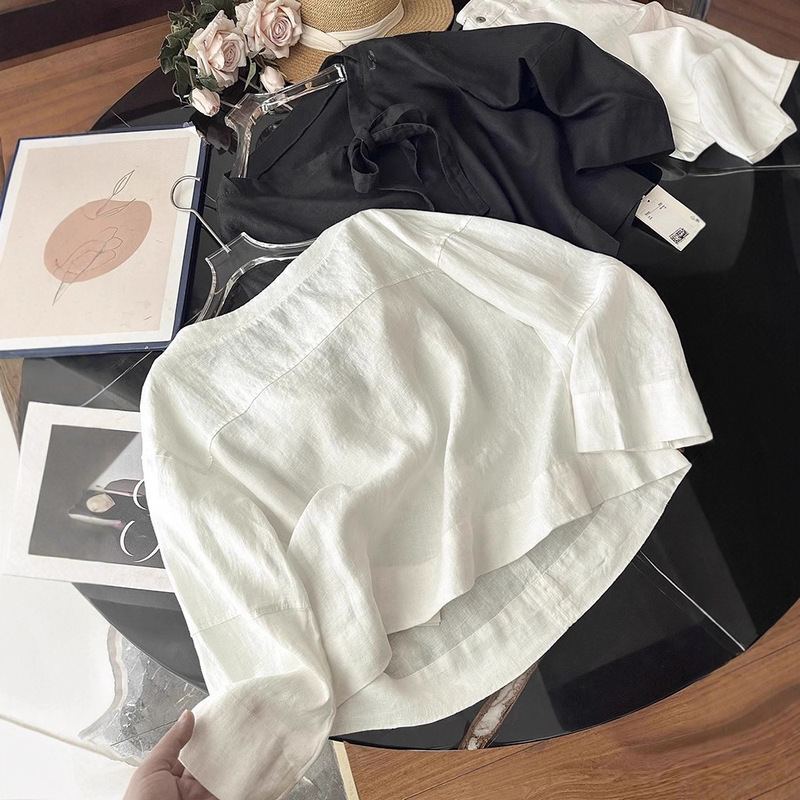 European S Style Design with Bow Tie at the Back, Boat Neck, Loose Shoulder, Long-Sleeved Linen Blend Shirt