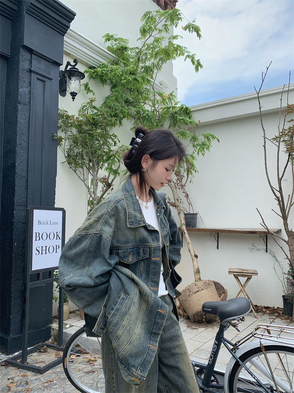 kumikumi设计感做旧翻领牛仔外套女装秋季别致宽松中长款夹克上衣|undefined
