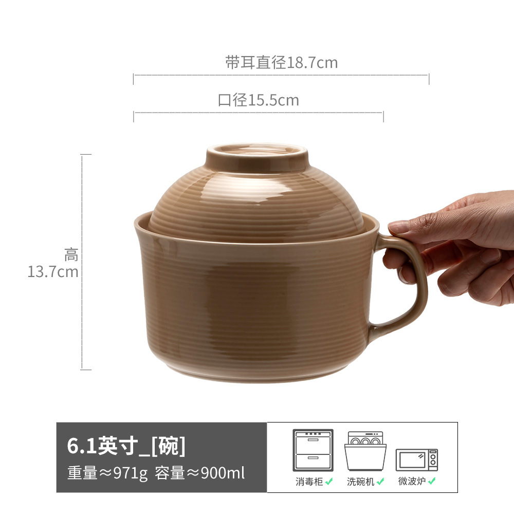 Tacos de fideos de cerámica con cubierta comedor con mango para jugar tazón de arroz dormitorio de estudiantes tazón de fideos convenientes cubiertos caseros tazón de sopa