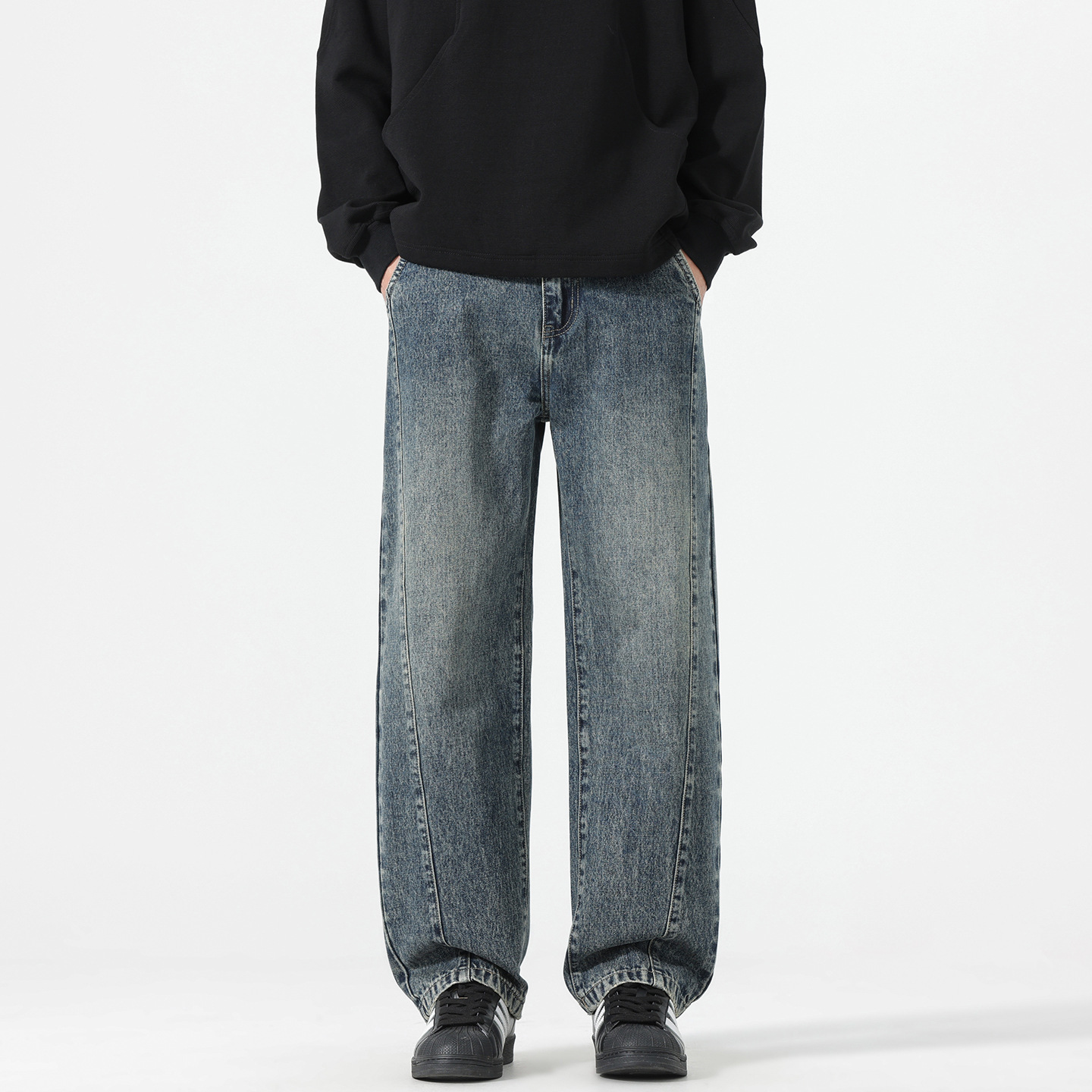 美式复古潮牌阔腿垂感牛仔裤男士2025秋冬新款宽松直筒拼接长裤子