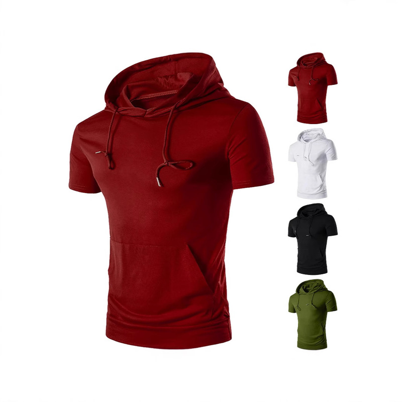 Cross-Border Export New Summer Men's Pure Color Hooded Short-Sleeved Shirt Casual Sports T-Shirt Outdoor Fitness Top