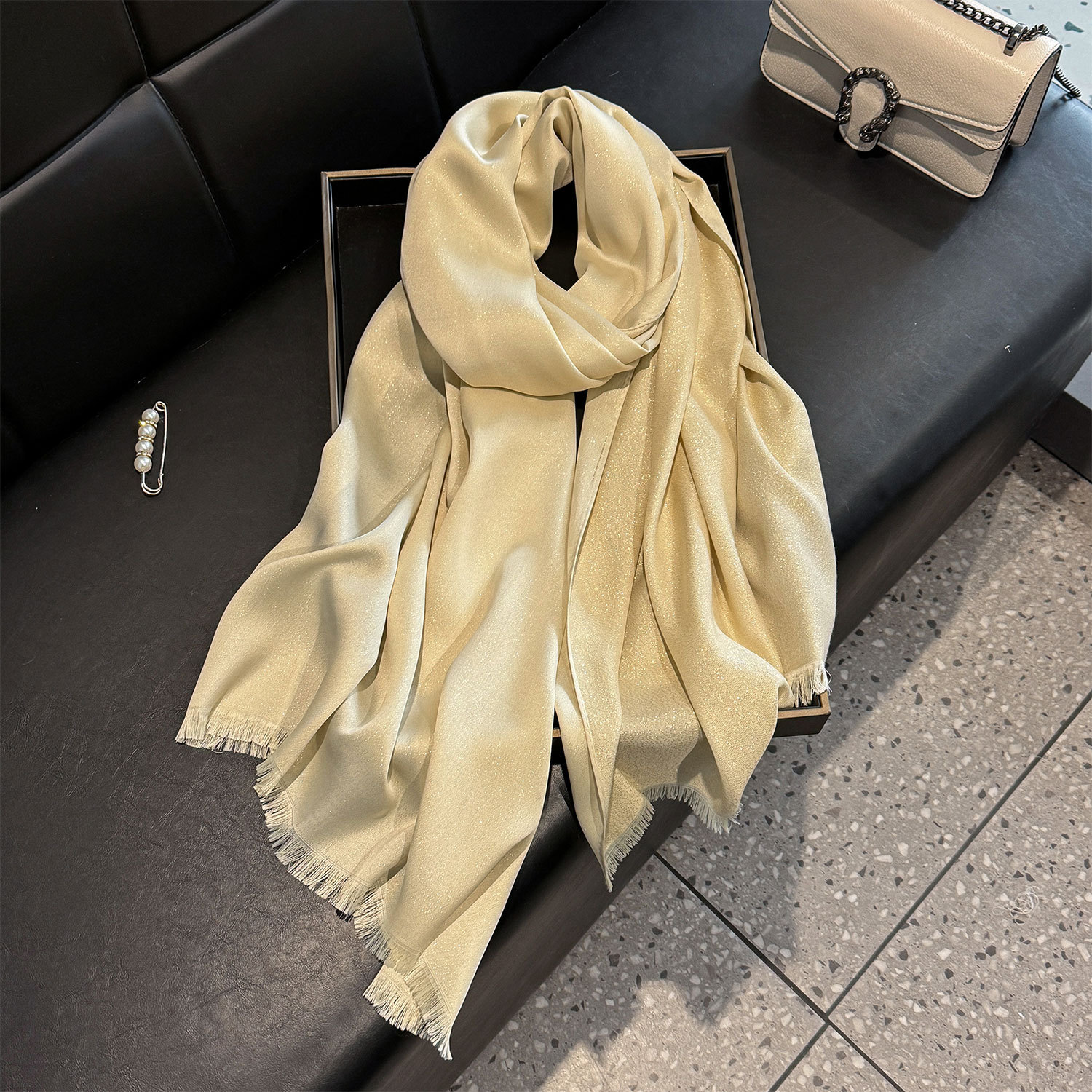 Women's Silk Scarf With Gold Thread Solid Colour Long Beach Wrap_voghion.com