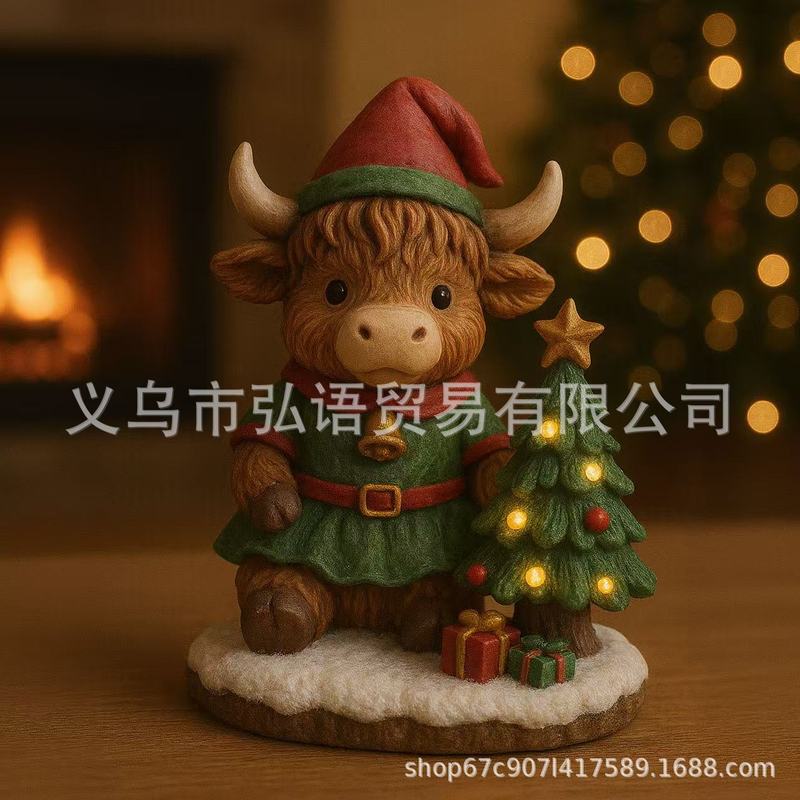 跨境创意圣诞节装饰戴圣诞帽小牛提灯发光小摆件桌面节日氛围装饰|undefined
