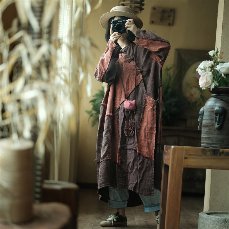Autumn Linen Zen Robe Literary Retro Dress Falling Rope 2079 Rust Spelling Coffee