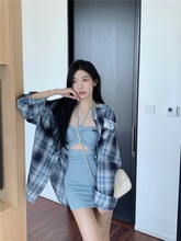 慵懒风格子衬衫女春季2025新款挂脖镂空性感辣妹包臀连衣短裙套装