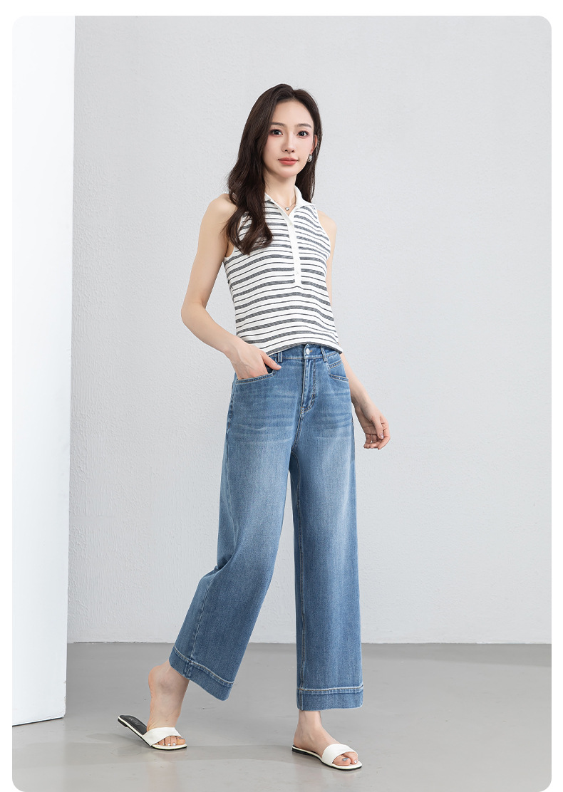 Quần tây nữ ống đứng cạp cao co giãn vải Lyocell denim dáng suông — xanh lam chi tiết 21