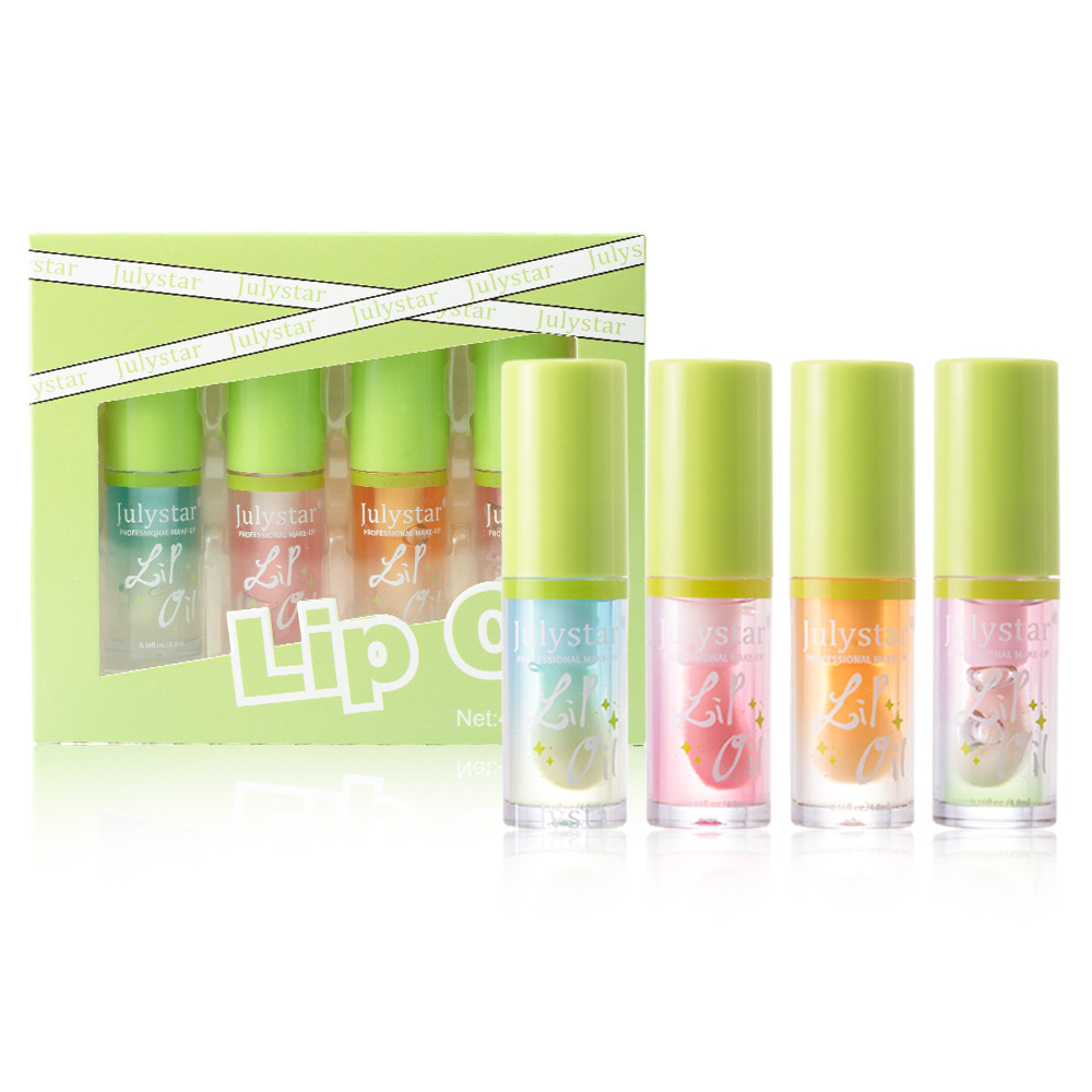 Julystar Hydrating Head Brush Lip Gloss Mirror Moisturizing Hami Melon Lip Oil 4-bottle Set Wholesale Makeup undefined