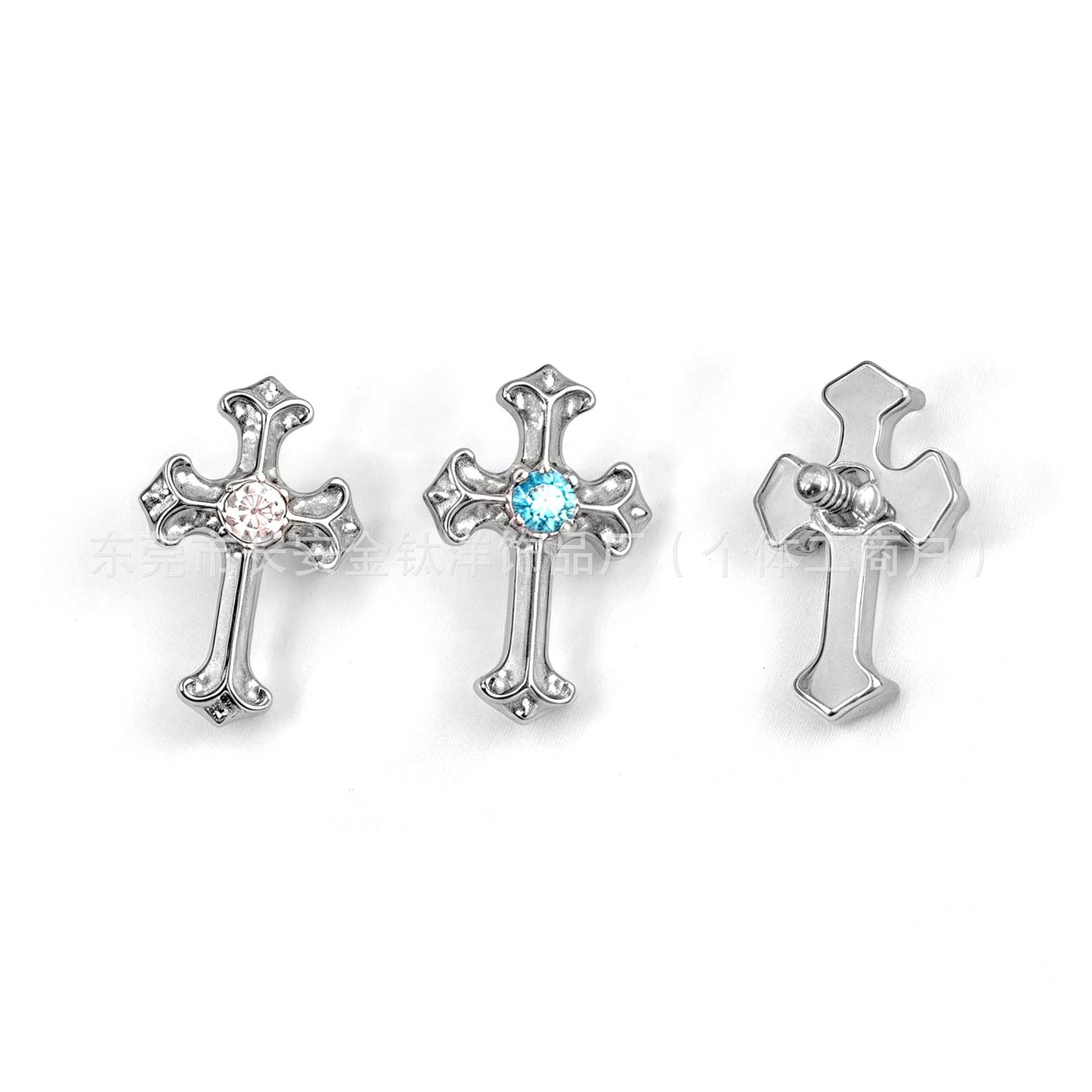F136 Titanium Vintage Cross Zircon Stud Earrings Lip Studs Cochlear Studs Piercing Jewelry detail image 7