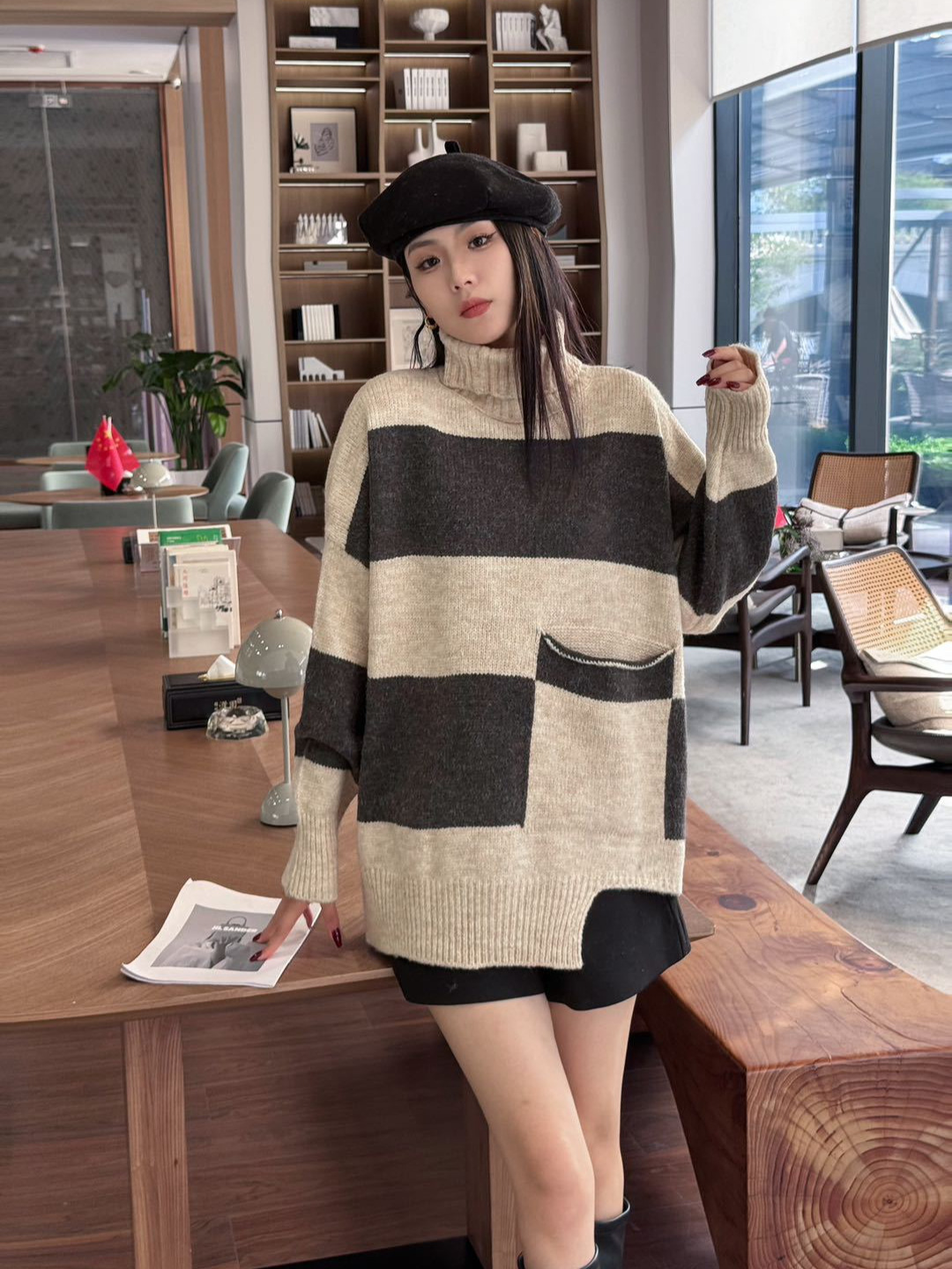 24 invierno Puyuan collar fz otoño invierno suéter de tamaño grande para mujeres 2024 nuevo estilo rayado