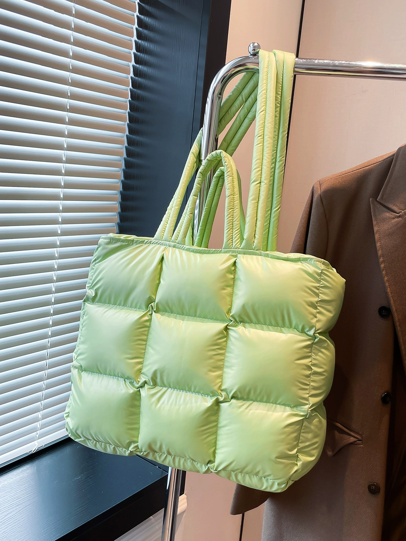 Glossy nylon quilted handheld shoulder bag with down