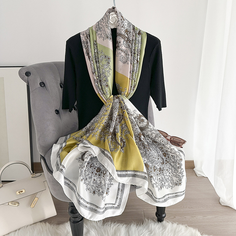 Pañuelo de seda fino de primavera y verano, pañuelo largo con estampado de alta calidad, nuevo pañuelo de protección solar de viaje de satén de seda, chal de viento étnico, protector solar femenino