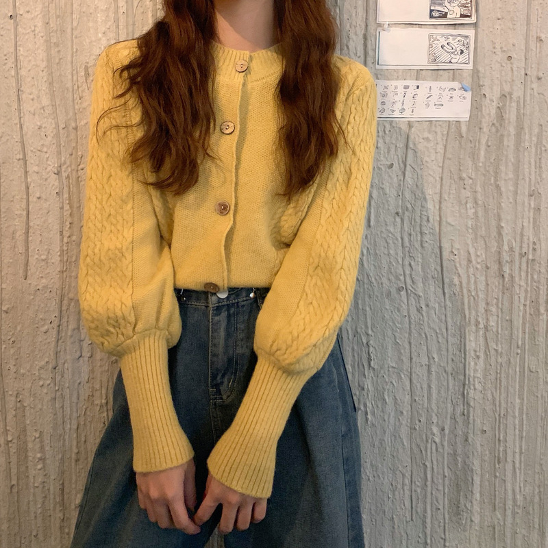 Spring and Autumn New Stylish Cable Knit Cardigan Top Korean Version Trendy Japanese Round Neck Puff Sleeve Sweater for Women