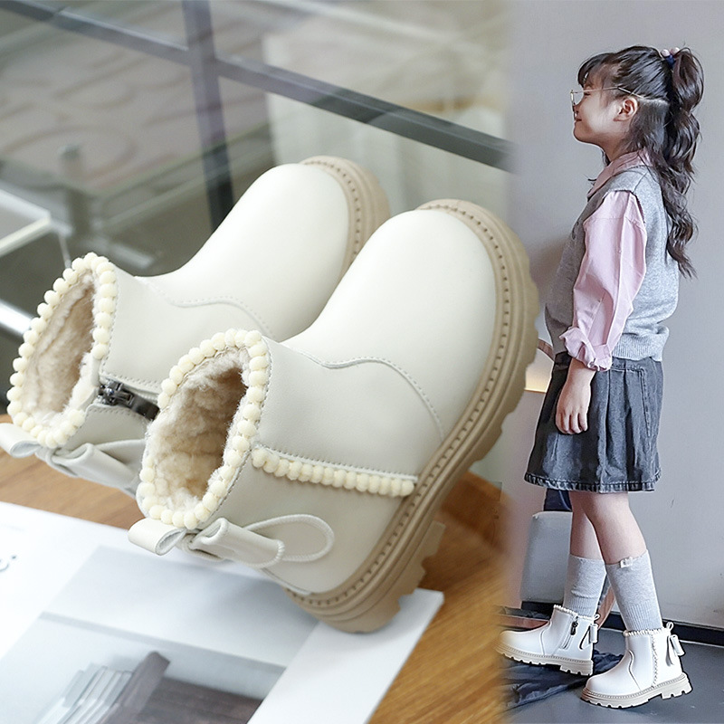 Selected Autumn and Winter Girls' Boots Fleece-Lined Bow Princess Boots Small and Medium-Sized Kidsren's Short Boots Warm Cotton Boots Non-Slip