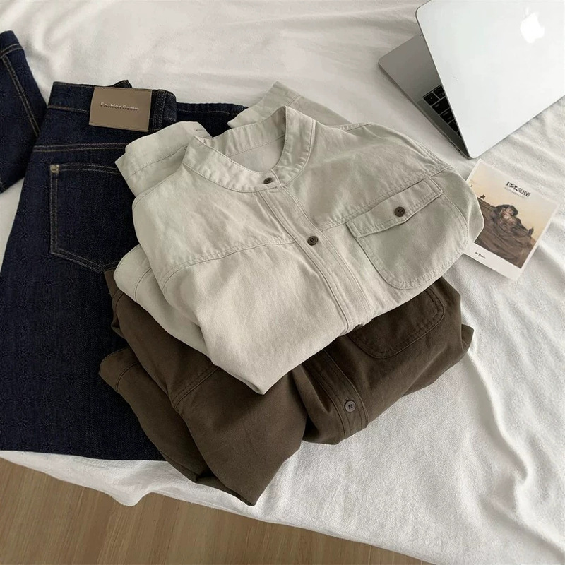 Trendy retro workwear stand-up collar jacket for women, loose casual washed cotton cardigan, short coat for petite women for spring and autumn Trendy retro workwear stand-up collar jacket for women, loose casual washed cotton cardigan, short coat for petite women for spring and autumn