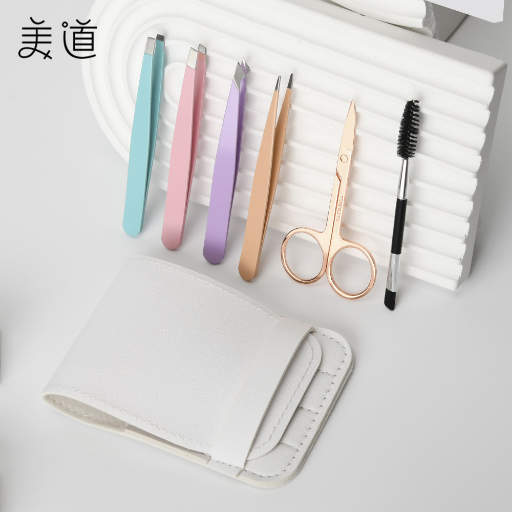 New Macaron Eyebrow Clip Texped Personal Care Eyebrow Clip Morandi Tweezers Eyelash Brush Six-Piece Set