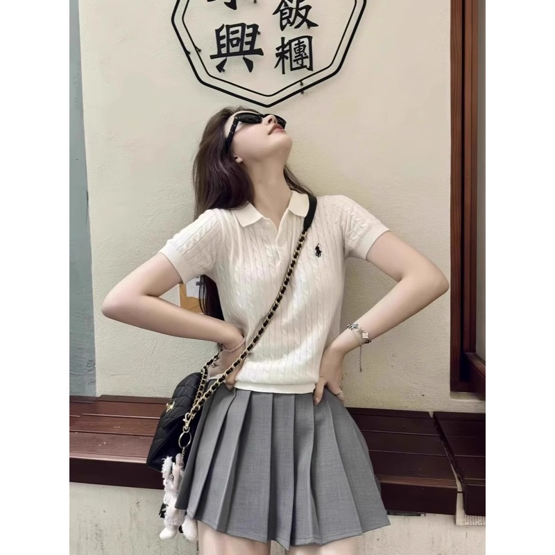 韓国ポニー刺繍ポロ襟ツイストニット半袖Tシャツレディース夏スリムで万能なショートトップA3958|undefined