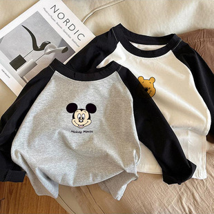 Pure Cotton Kidsren's T-Shirt Long-Sleeved Boys and Girls Clothing 2025 Cute Cartoon Mickey Kidsren's Tops Bottoming Shirt Spring & Fall