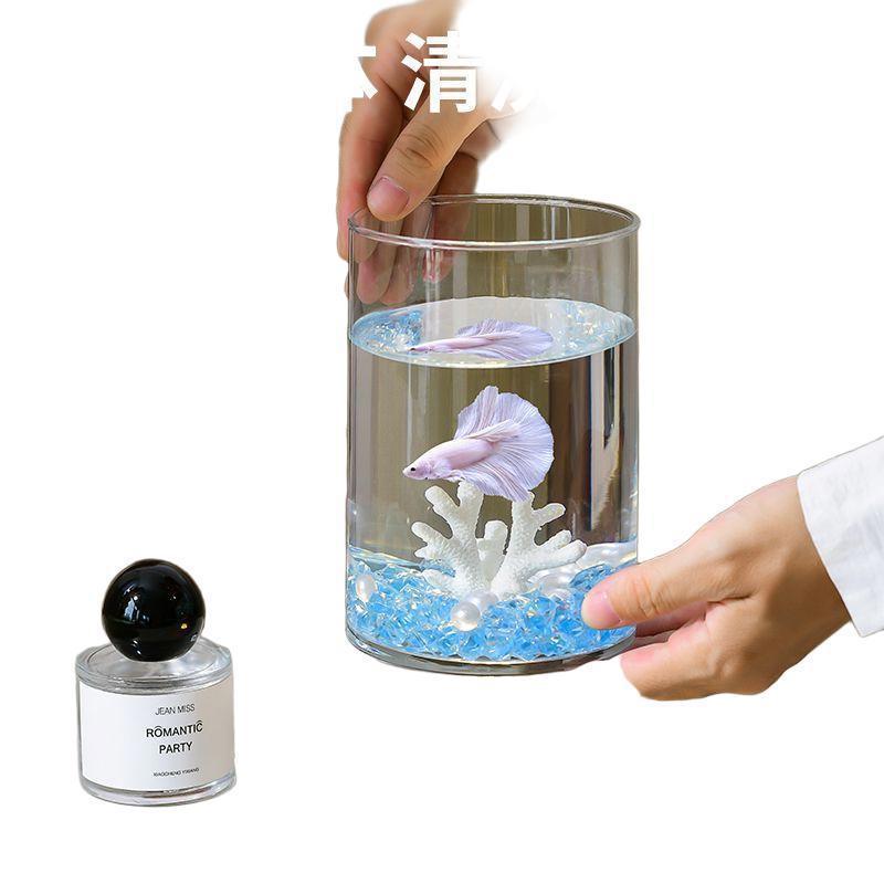 圆柱斗鱼缸玻璃缸办公桌面微景缸创意造景发光底座装饰生态金鱼缸|undefined