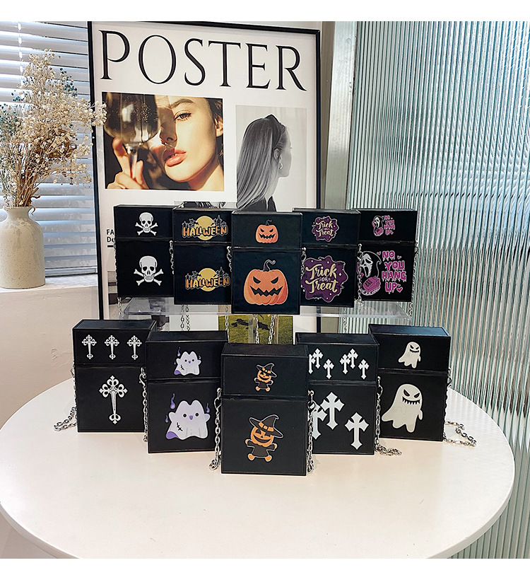 Women's Small Pu Leather Halloween Pattern Cross Pumpkin Punk Square Magnetic Buckle Box Bag display picture 17