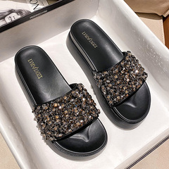 厚底拖鞋高級感2024新款水鑽串珠夏季時尚外穿一字涼拖大碼41一43