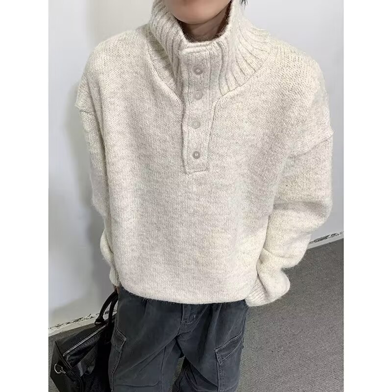 2025 Autumn and Winter Warm Loose High Collar Half Button Youth Knitted Sweater Men's Thickened Sweater Trend