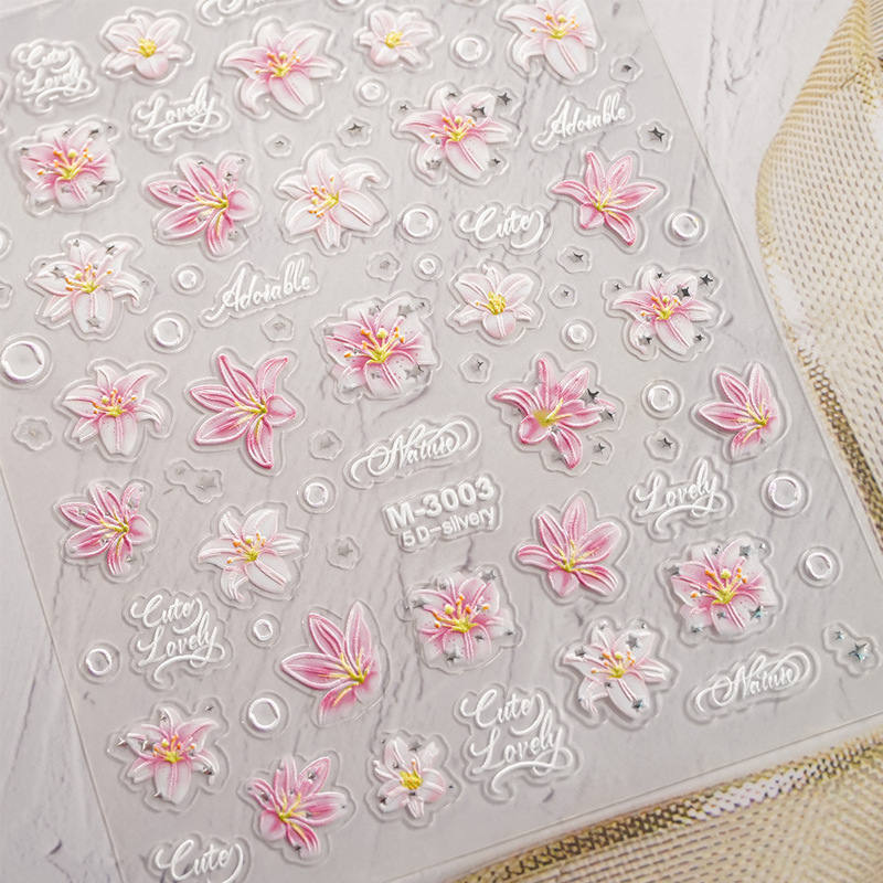 Cross-Border Hot-Selling New Ins Style 5D Embossed Nail Stickers with Silver Foil Jelly Lily Flower 3D Nail Decorations