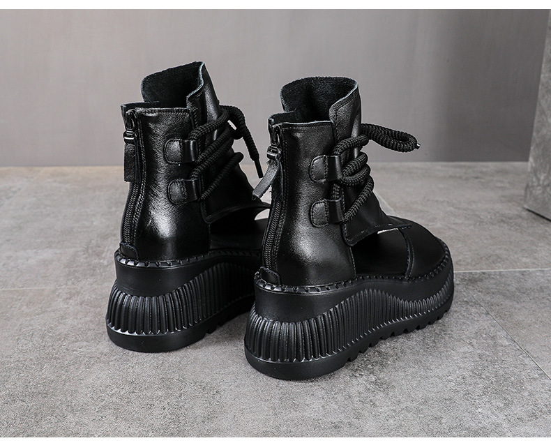 Sandal nữ đế dày da bò kiểu La Mã rỗng tăng chiều cao — đen chi tiết 12