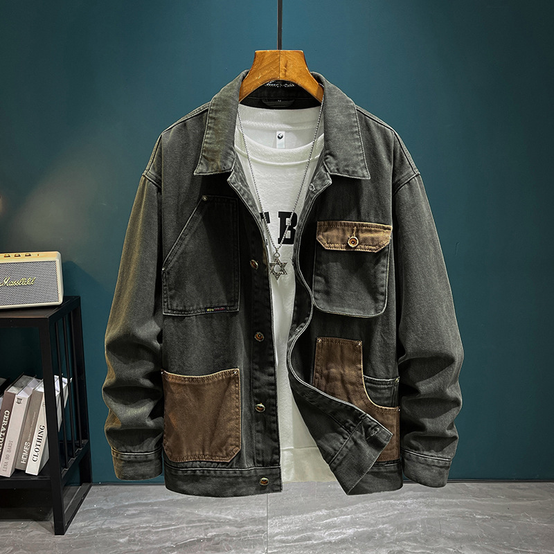 2025 Men's Patchwork Contrast Color Trendy Workwear Denim Jacket High-End Fashion Retro Versatile Oversized Jacket