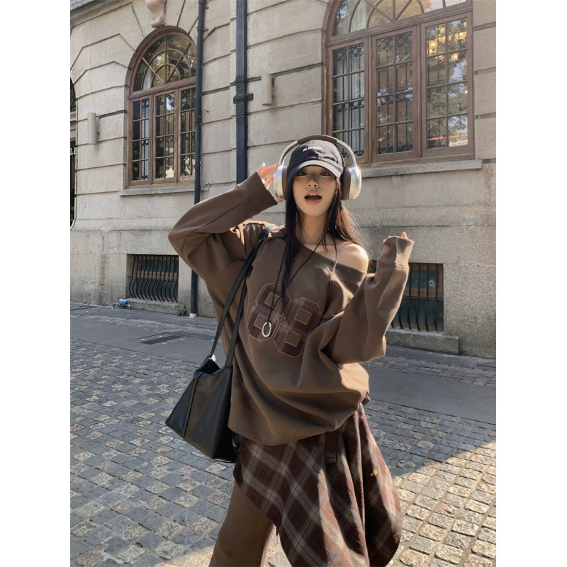 Реальные американские ретро-буквы спортивные ленивые косые плечи свитер микро-рог повседневные брюки