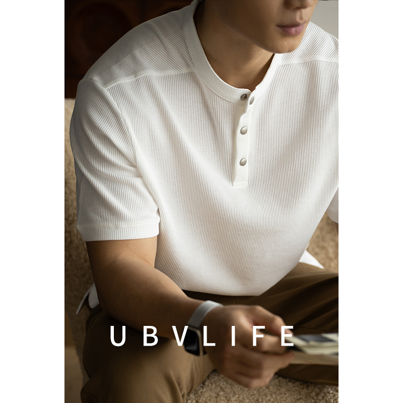 American Retro Henry Collar Waffle Texture Short-Sleeved T-Shirt for Men 2026 Spring and Summer Work Clothing Casual Half-Sleeved Top