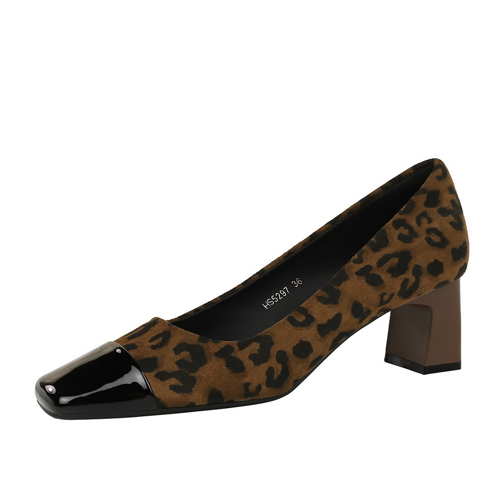 5297 style retro women's shoes suede light mouth splicing color blocked square toe thick heel mid heel fashionable leopard print single shoe for women