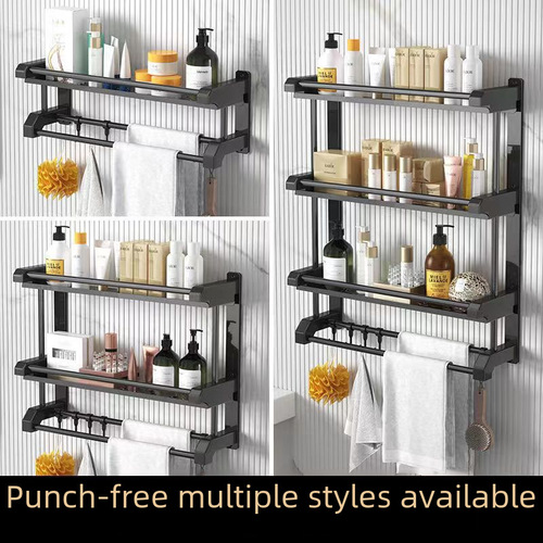 Stainless steel hole-free towel rack bathroom shelf organizer bathroom bath towel rack washroom kitchen tray wall-mounted rack