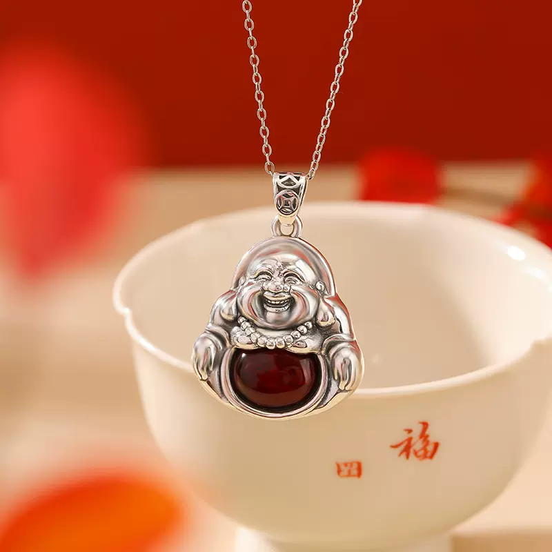 悦宝珠宝S999足银血珀复古做旧弥勒佛蛋面吊坠新中式国风佛公挂坠