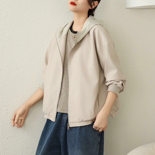 Polyurethane spring jacket with hood, cardigan, Korean style, oversize