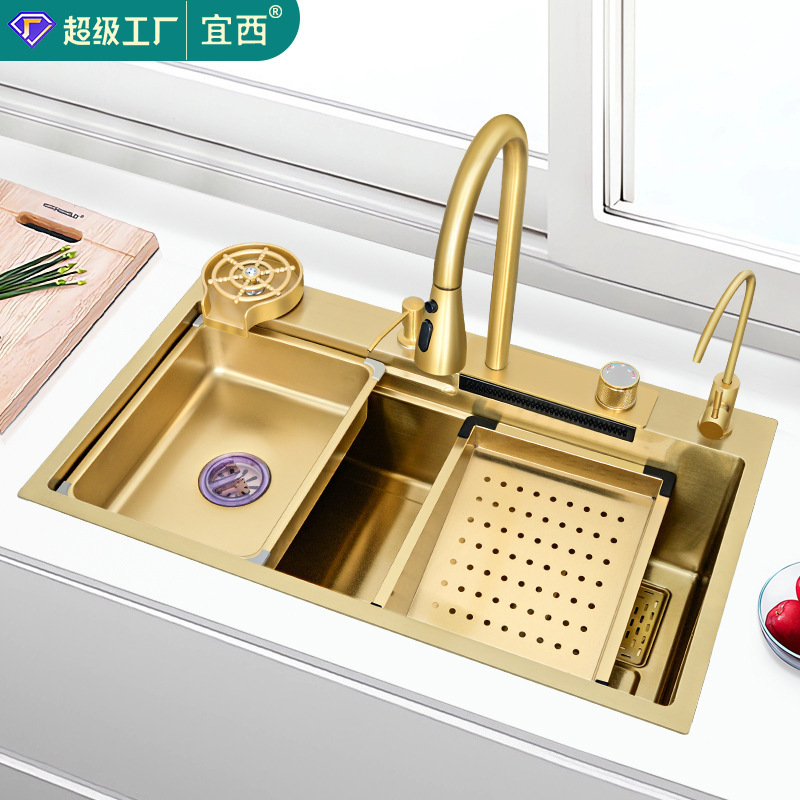 Gold-Colored 304 Stainless Steel Sink, Large Single Bowl Undermount Kitchen Sink, Dishwashing Sink, Dishwashing Basin