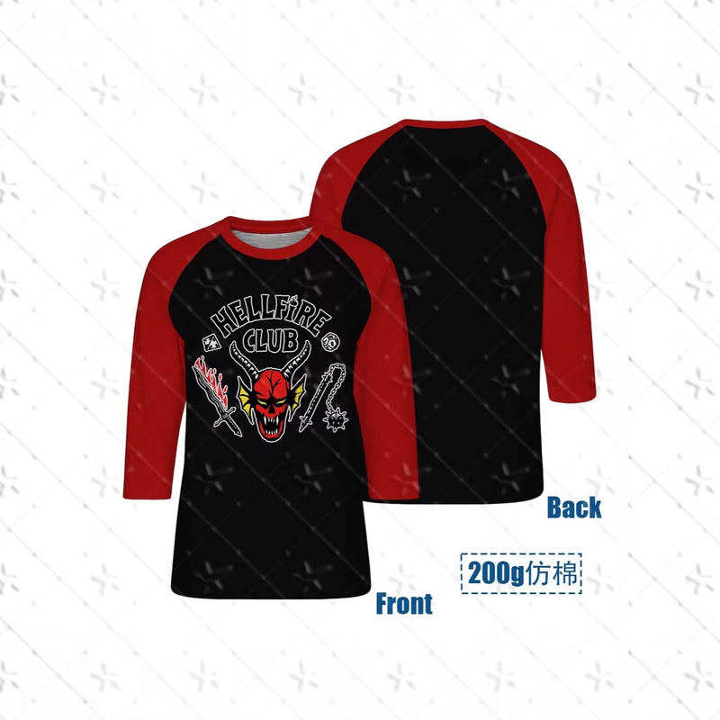 Stranger Things Hellfire Club 7-Point Raglan Sleeve T-Shirt, Cotton-Like Digital Print, Non-Fading, Unisex