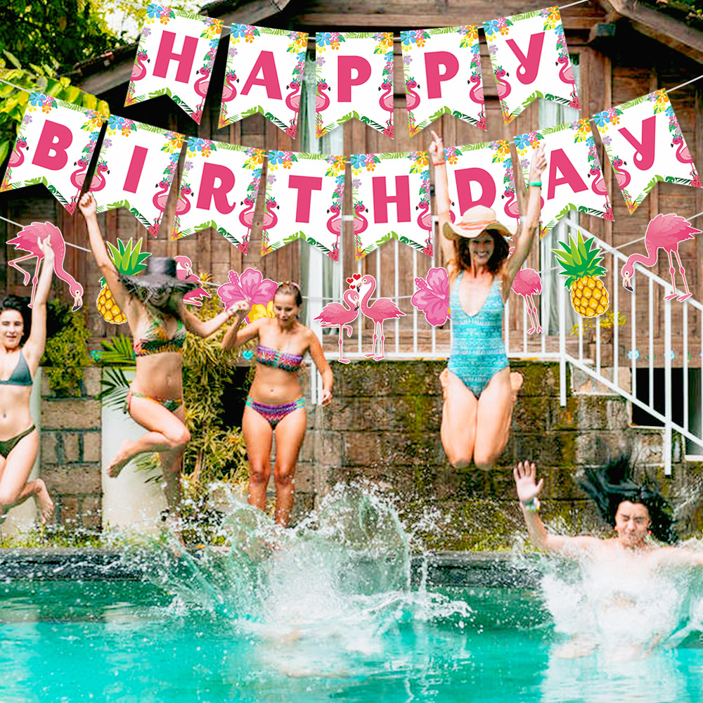 Fábrica al por mayor decoración del partido Hawaiano flamenco piña tirar bandera Feliz cumpleaños tirar flor tirar bandera