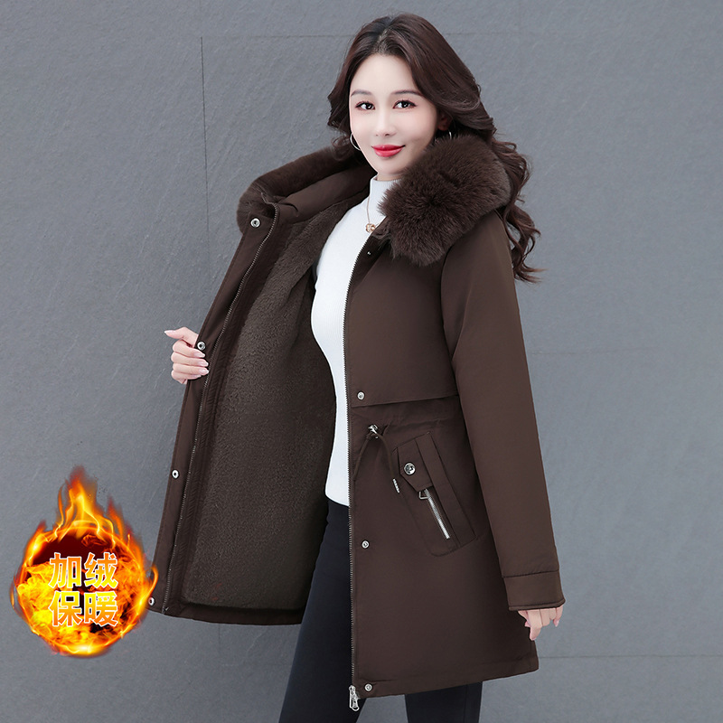 Mid-Length down Cotton Jacket for Women 2025 Winter New Large Fur Collar Cotton Jacket Fleece-Lined Thickeneded Parka Jacket