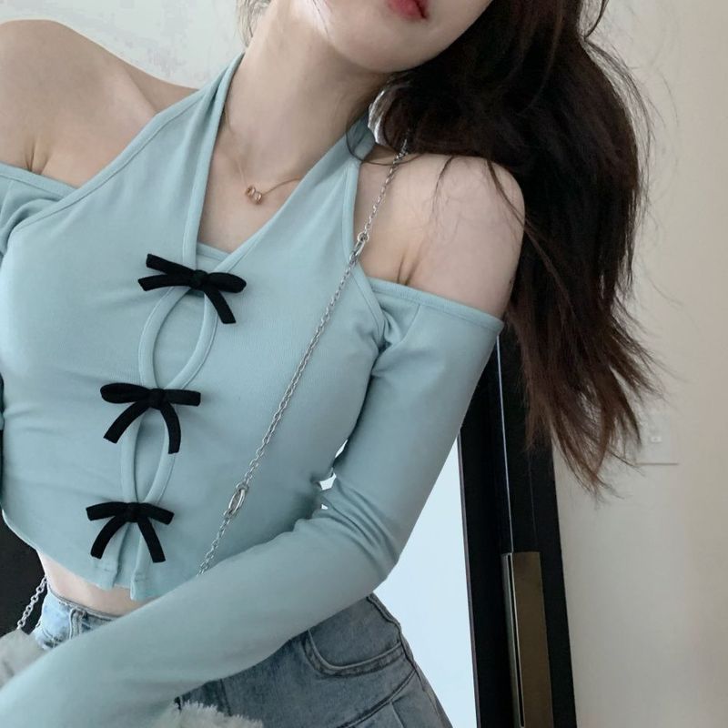 纯欲风挂脖甜美一字肩上衣女短款秋季露肩洋气小众ins修身长袖T恤|undefined