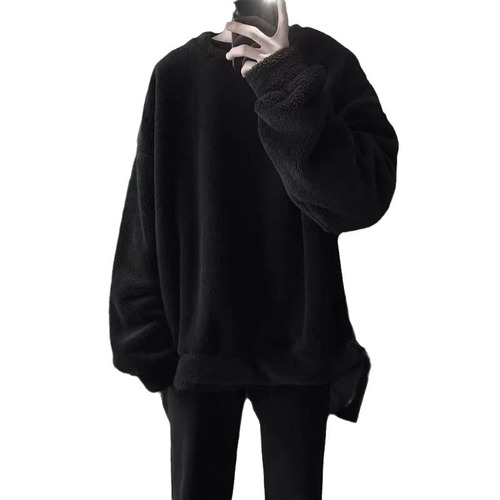 Winter Hong Kong-style lambswool hoodie for men, autumn round-neck design, loose fit, extra-thick and lined—stylish casual mixed-match outerwear perfect for couples.