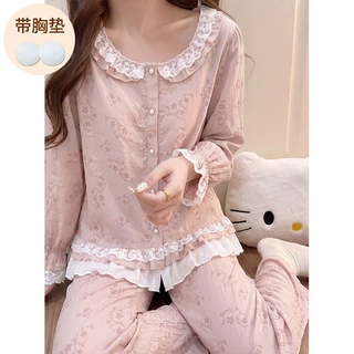 带胸垫睡衣女款春秋季甜美花朵公主风蕾丝花边长袖长裤家居服套装