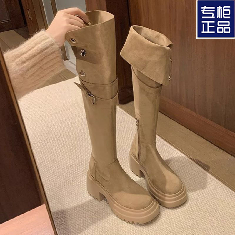 美拉德两穿翻折绒面长靴女2025秋冬新款小个子粗跟厚底过膝骑士靴