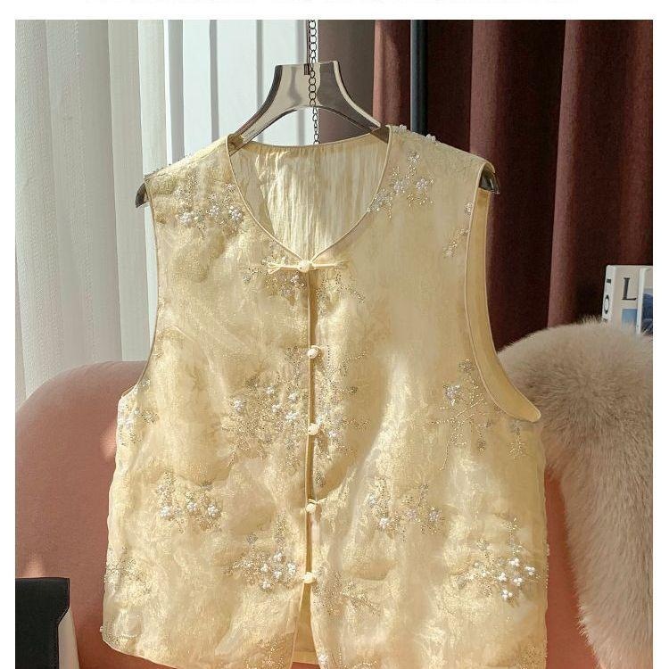 New Chinese Style National Style Embroidered Yellow Organza Vest New Style 2025 Versatile Western Style Waistcoat Top