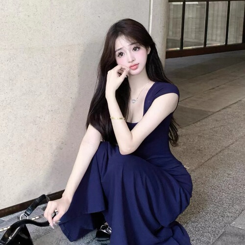 New Korean a-line dress, slim, slimming and square-collar, blue dress, women's summer French-style short-sleeved long dress