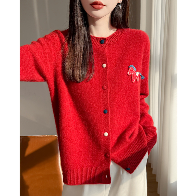 Korean-Style Pony Embroidery Colorful Button 100% Wool Knit Cardigan for Women, New Autumn/Winter 2026 Round Neck Loose Long-Sleeve Top Korean-Style Pony Embroidery Colorful Button 100% Wool Knit Cardigan for Women, New Autumn/Winter 2026 Round Neck Loose Long-Sleeve Top