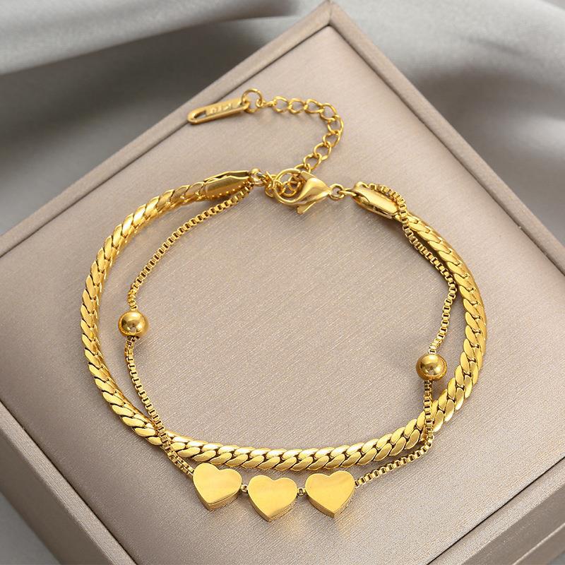 PVD Coated Gold Plating Process Real Gold Plated Plating Material PVD Coated Real Gold Plated 18K Gold Heart Shape 304 Stainless Steel Fashion Waterproof Non Tarnish 304 Stainless Steel Bracelets