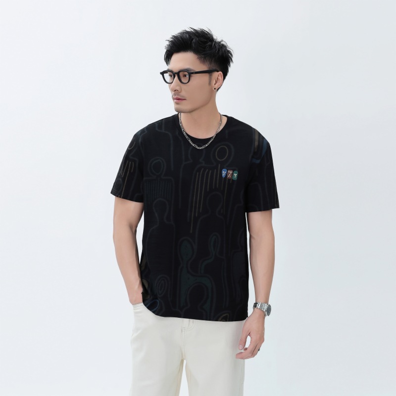 Cool feeling Ice Silk Oxford linen printed short sleeve T-shirt 2024 light luxury high-end men's fashion half sleeve top