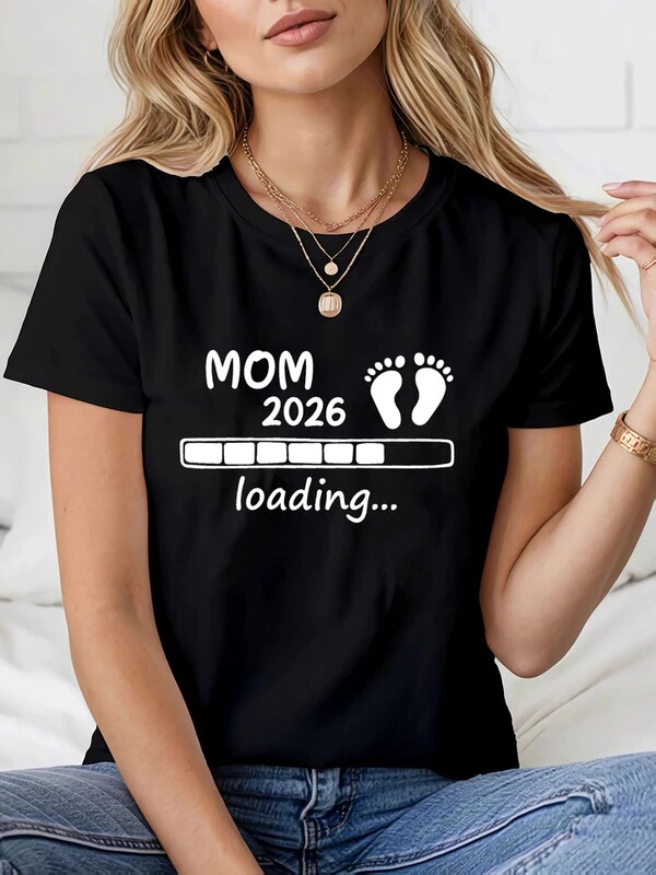 Women's Summer Printed T-Shirt Short Sleeve Funny Mom 2026 Pregnancy Announcement Graphic T-Shirt Casual Daily Wear