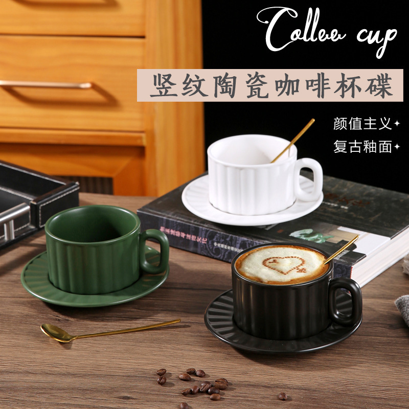 Nordic Striped Cross-border Ceramic Cup and Saucer Solid Color Simple Coffee Cup High Color Value Accompanying Gift Tea Cup Diet suit