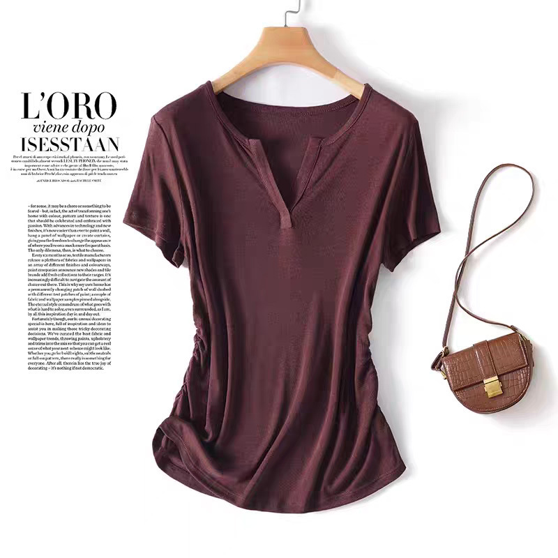 Silk Lyocell Basic Half-Open Collar Short-Sleeve T-Shirt for Women with Unique Design, Waist-Cinching, Pleated, Slimming Top